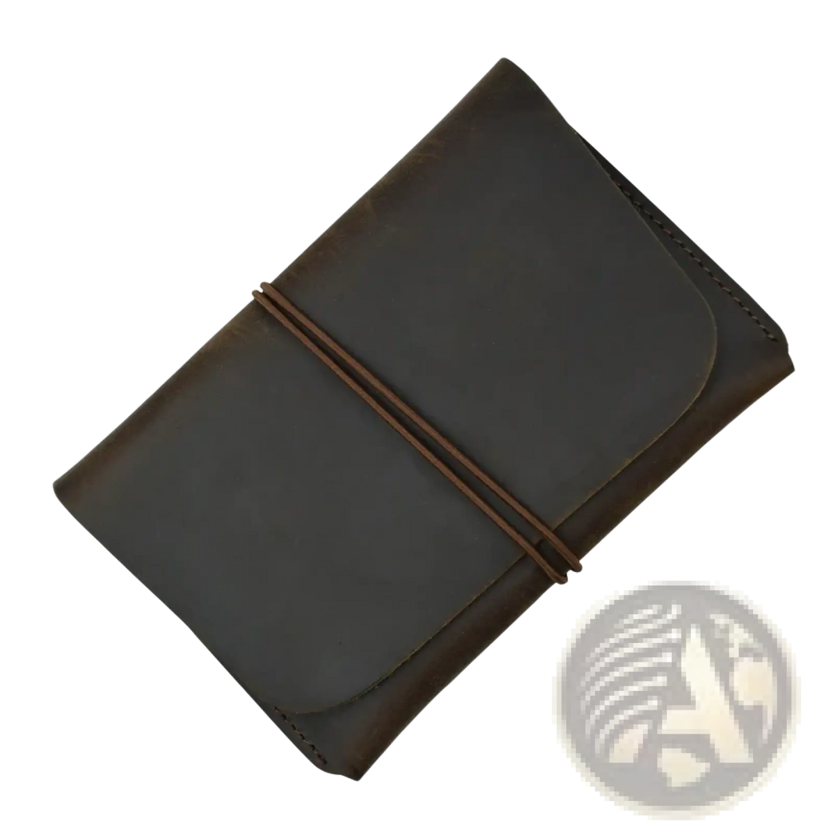 Dark brown leather passport holder travel wallet with minimalist design and two matching leather strap closures