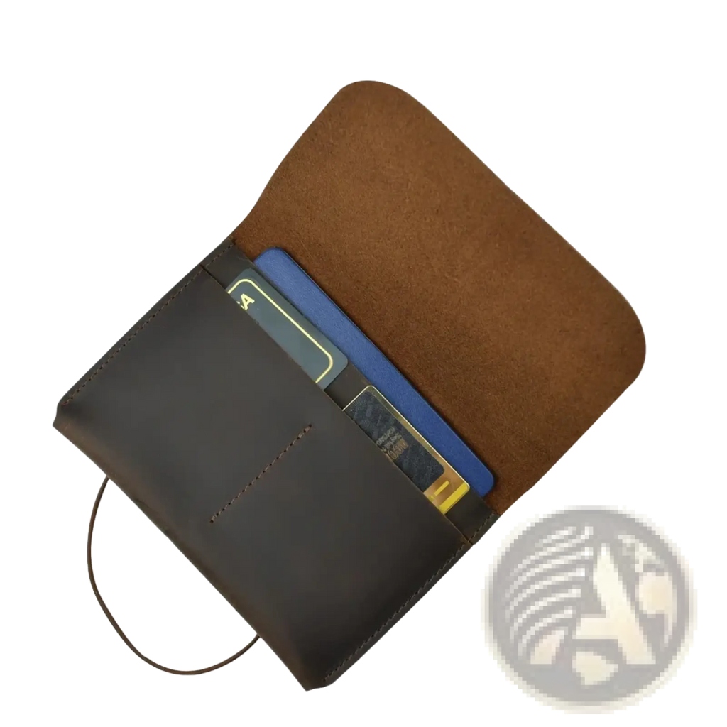 Dark brown leather passport holder travel wallet with suede interior and thin cord loop for convenient carrying