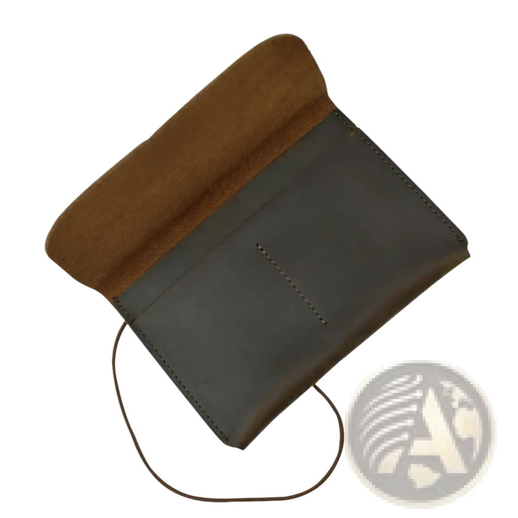 Leather passport holder travel wallet in dark brown leather with tan suede interior and visible stitching accents