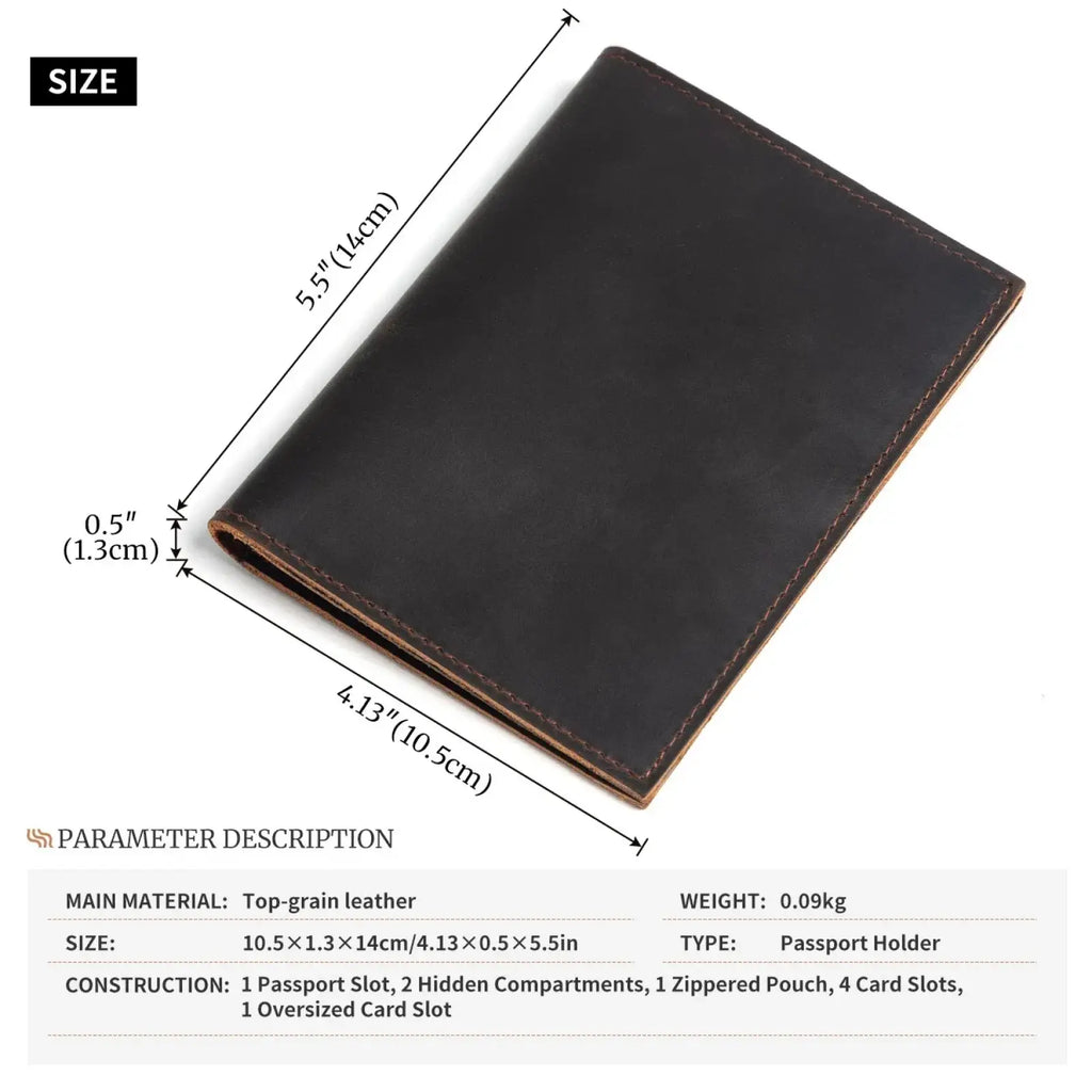 Dark brown top-grain leather passport holder with visible stitching for travel wallet use