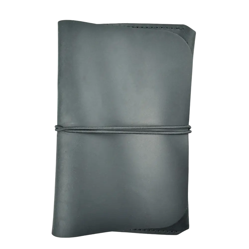 Dark gray leather passport holder travel wallet with simple elastic band closure in a compact journal style