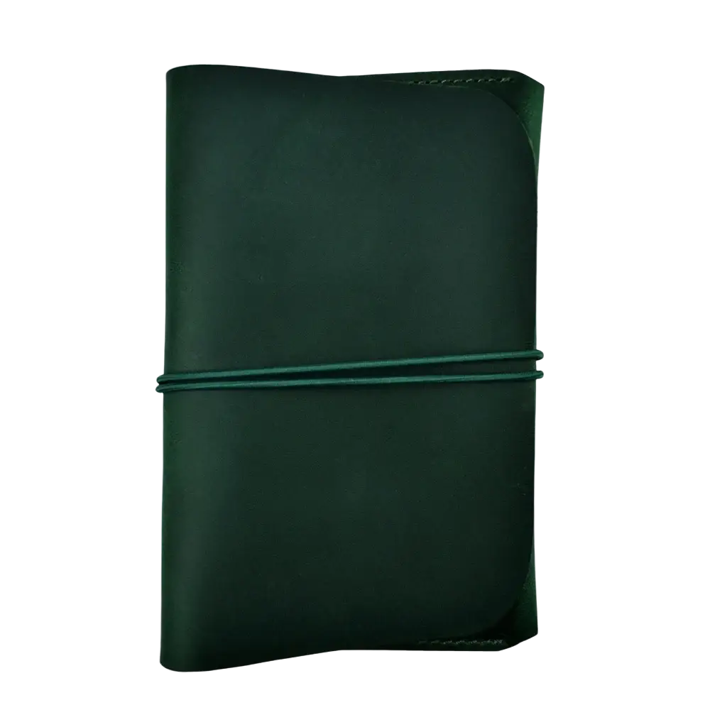 Dark green leather-bound leather passport holder travel wallet with an elastic band securing its cover
