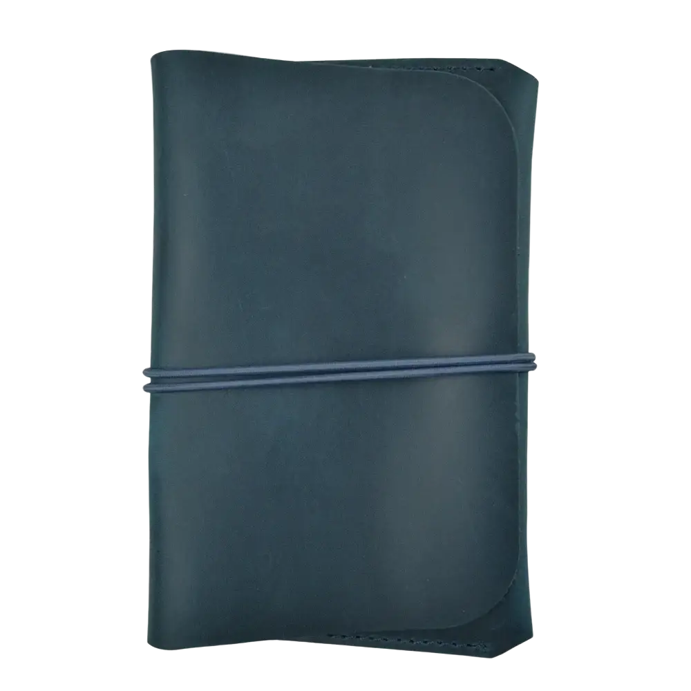 Dark teal leather passport holder travel wallet with matching elastic band securing its cover