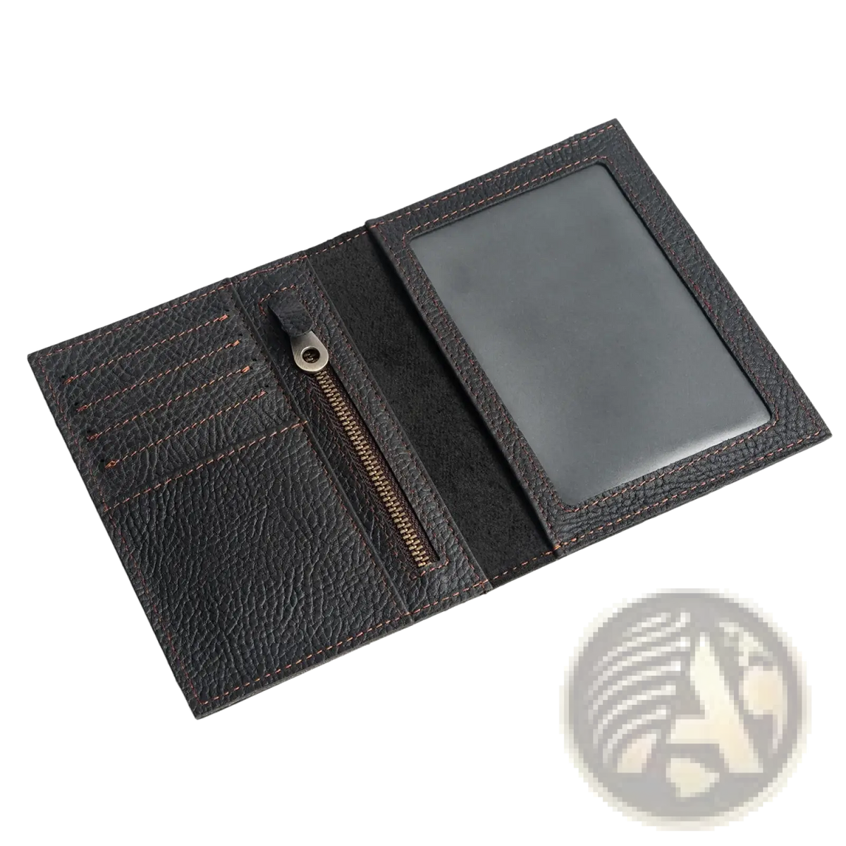 Black textured leather passport holder with red stitching and zippered compartment for secure travel storage