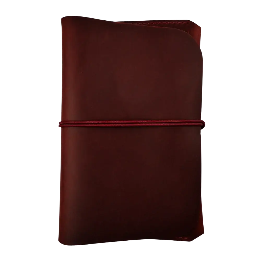 A rich burgundy leather passport holder travel wallet with a matching elastic band securing its cover