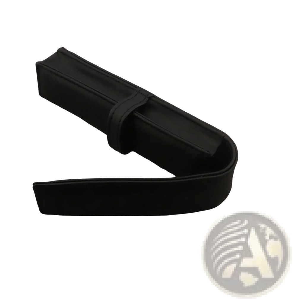 Black leather belt with a simple sleek design and single buckle for leather pen case black minimalist stationery pouch