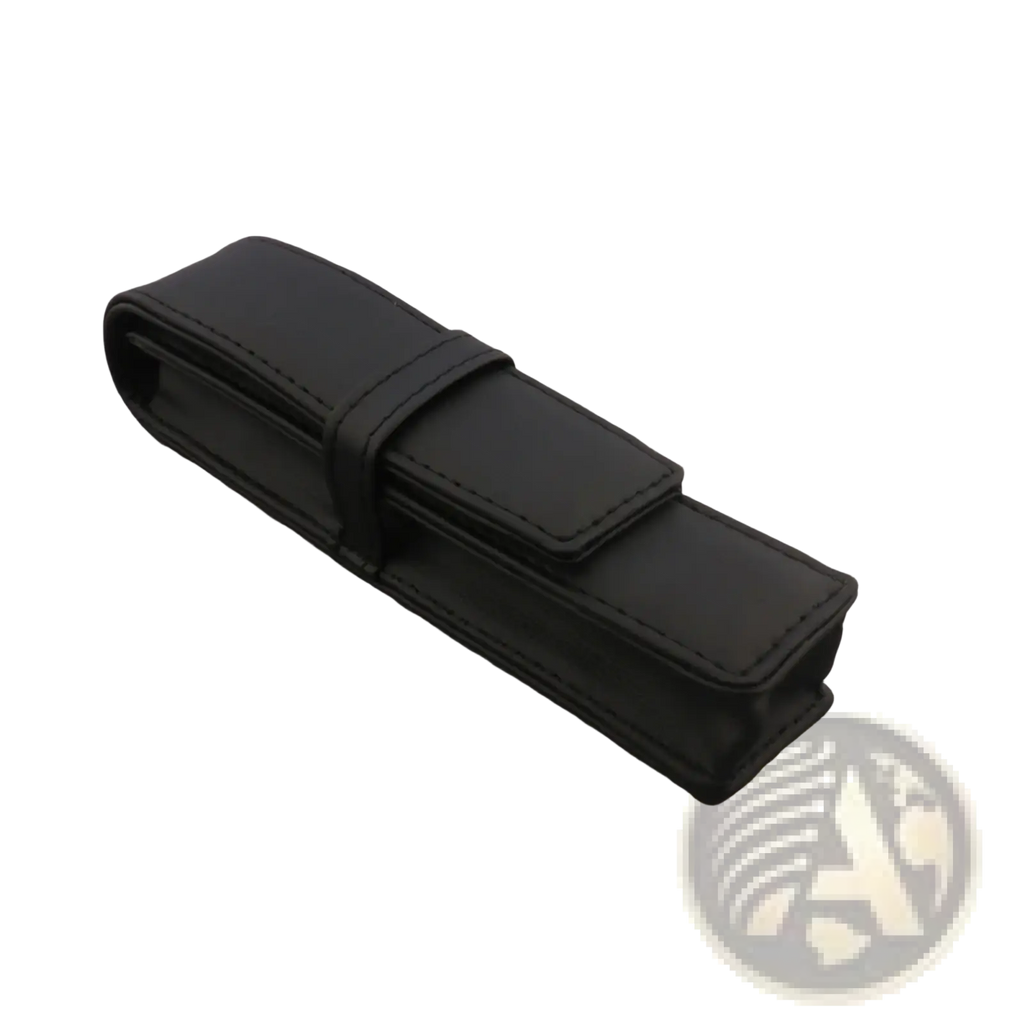 Black faux leather pen case with stitched edges and strap closure designed as a minimalist stationery pouch