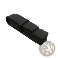 Black faux leather pen case with stitched edges and strap closure designed as a minimalist stationery pouch