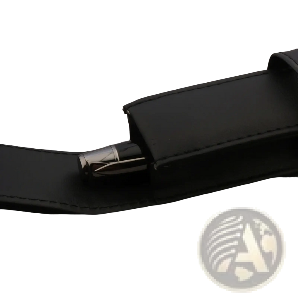 Black leather pen case holding a sleek silver and black fountain pen minimalist stationery pouch