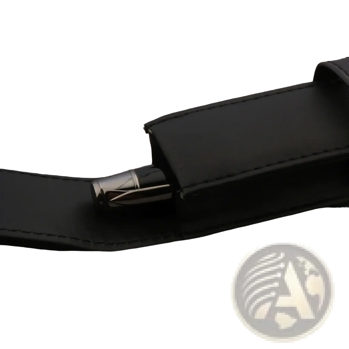 Black leather pen case holding a sleek silver and black fountain pen minimalist stationery pouch