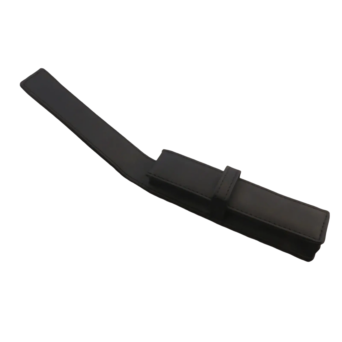 Black leather watch strap with precise stitching and a sleek minimalist design for use with leather pen case pouch