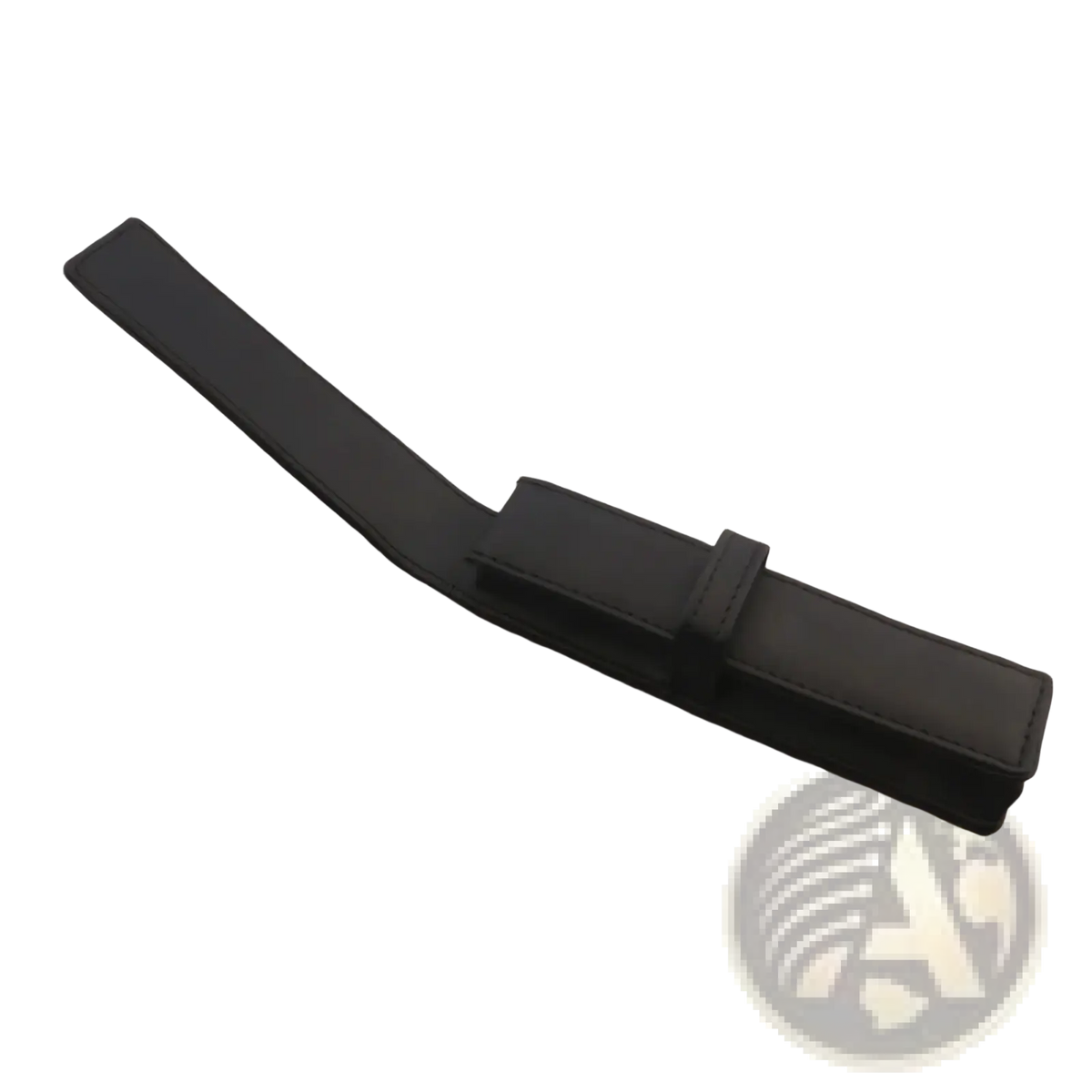 Black leather watch strap with precise stitching and a sleek minimalist design for use with leather pen case pouch