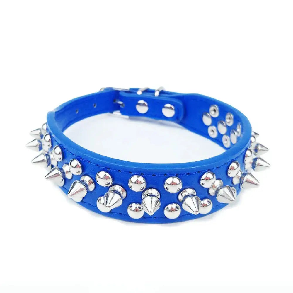Studded spiked leather dog collar in bright blue with silver metal studs and buckle for small and medium breeds