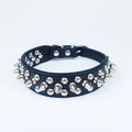 Black leather dog collar for small and medium breeds adorned with silver-toned spikes and studs