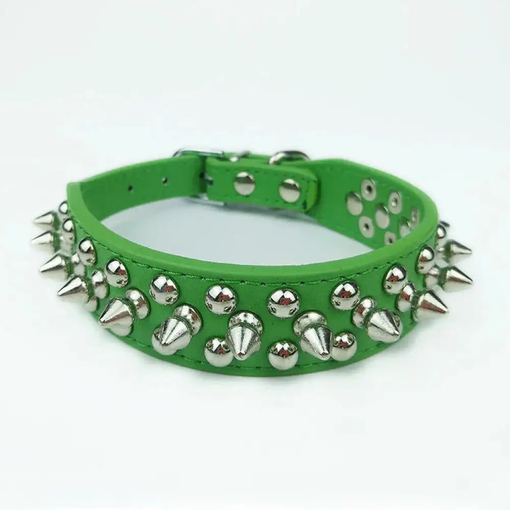 Studded spiked green leather dog collar with silver toned spikes and studs for small and medium breeds
