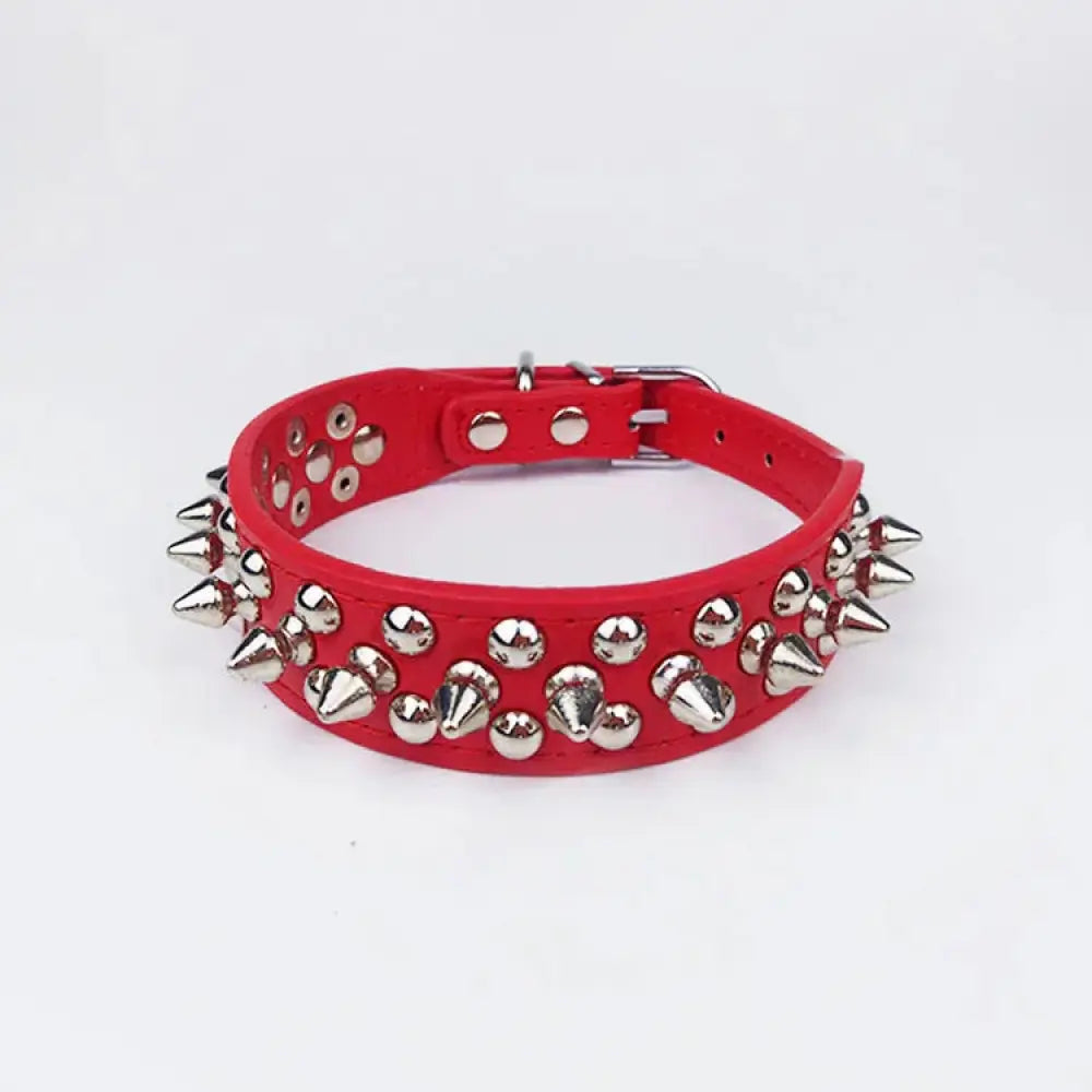 Red leather spiked dog collar with silver studs and buckle for small and medium breeds