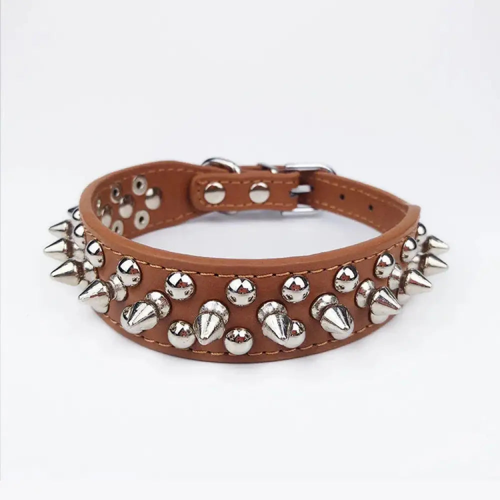 Brown leather dog collar with silver-toned spikes and studs for small and medium breeds
