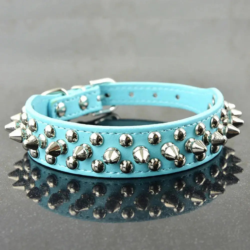 Light blue spiked leather dog collar with silver metal studs and buckle for small and medium breeds