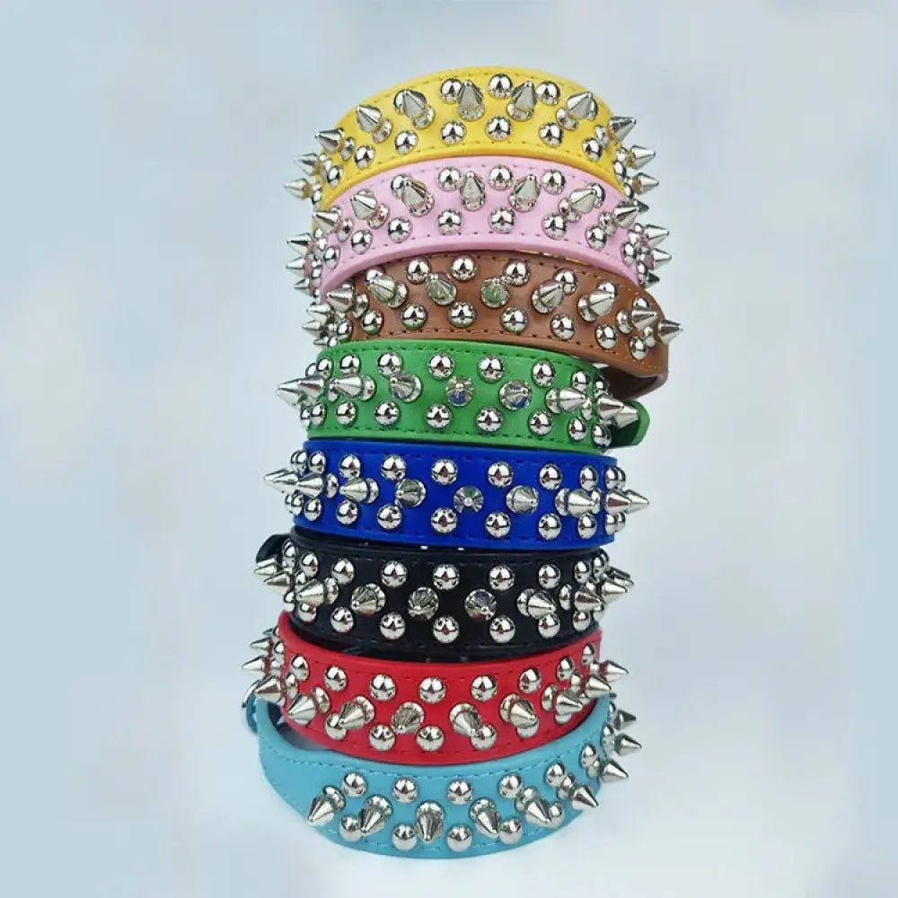 Stacked vibrant colored studded spiked leather dog collars with silver spikes for small and medium breeds