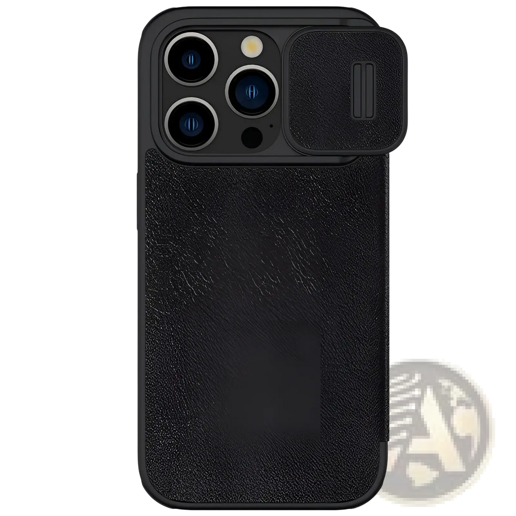 Black textured leather phone case with sliding camera lens cover shown from the back for iphone 15