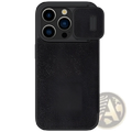 Black textured leather phone case with sliding camera lens cover shown from the back for iphone 15