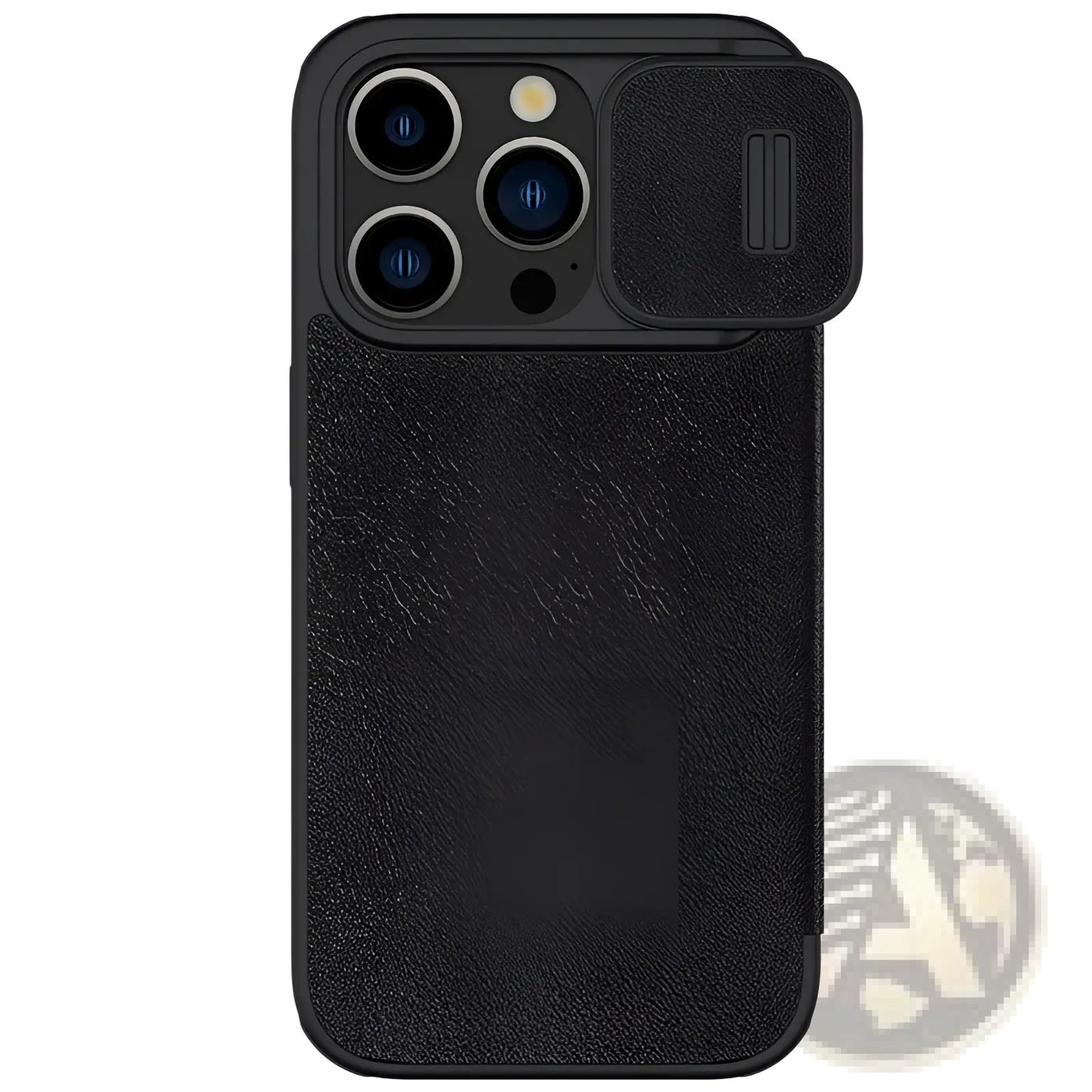 Black textured leather phone case with sliding camera lens cover shown from the back for iphone 15