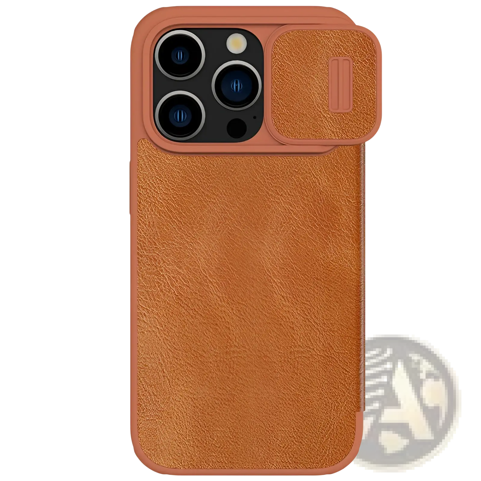 Tan leather-textured iphone 15 phone case with matching camera slider shown from the back side