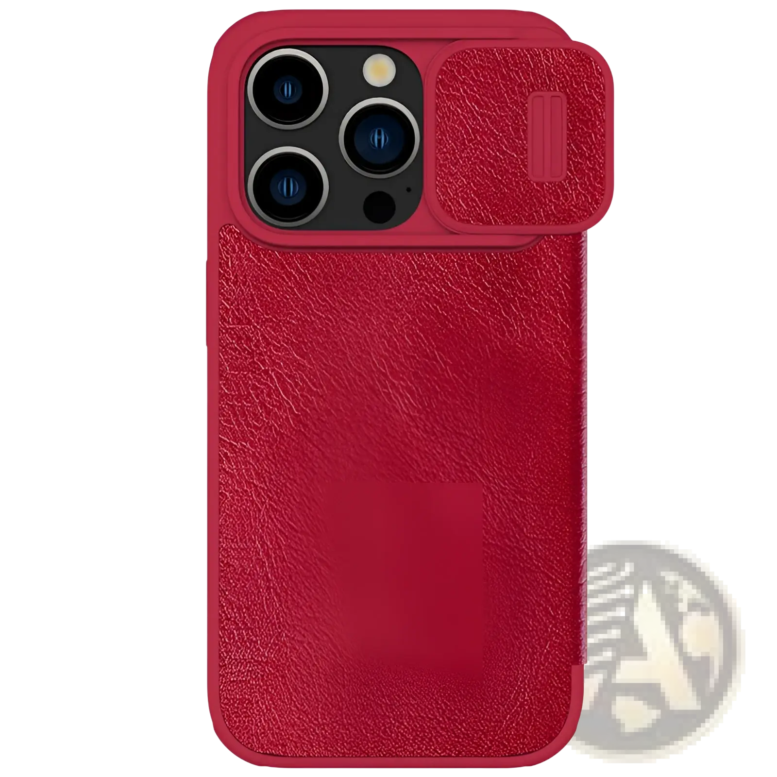 Red textured leather phone case with built-in camera slider for iphone 15 shown from the back side