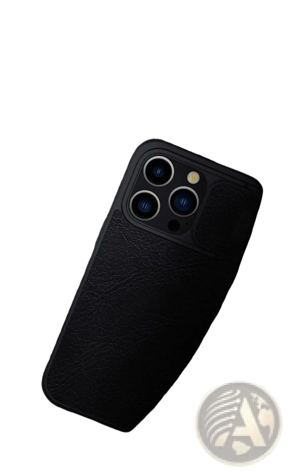 Back side of black leather phone case with camera slider and textured surface for iphone 15 with precise cutouts