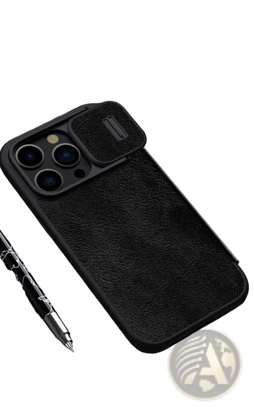 Black textured leather phone case with sliding camera cover shown from the back for iphone 15