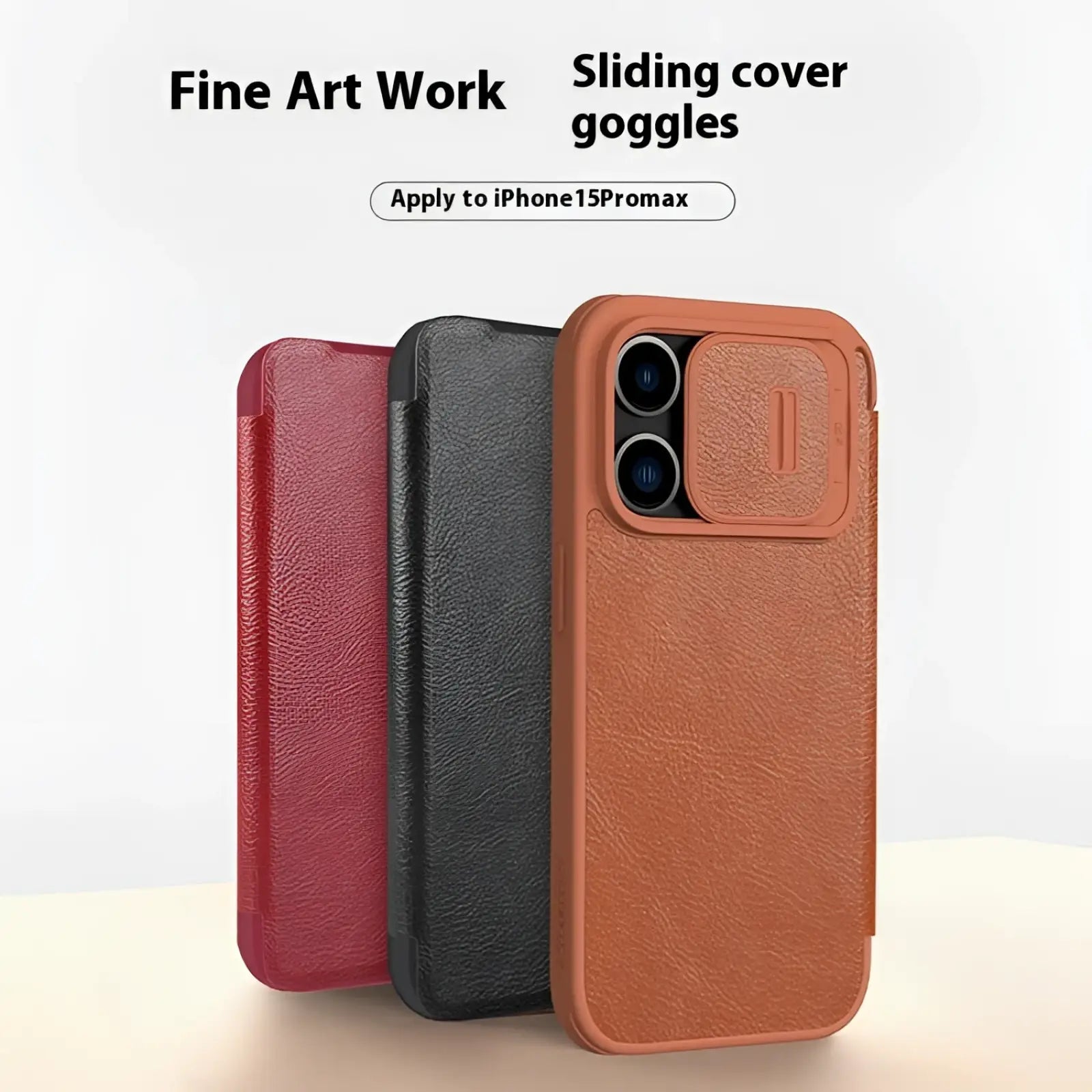 Brown leather-textured sliding cover goggles for iphone 15 pro max designed for leather phone case with camera slider