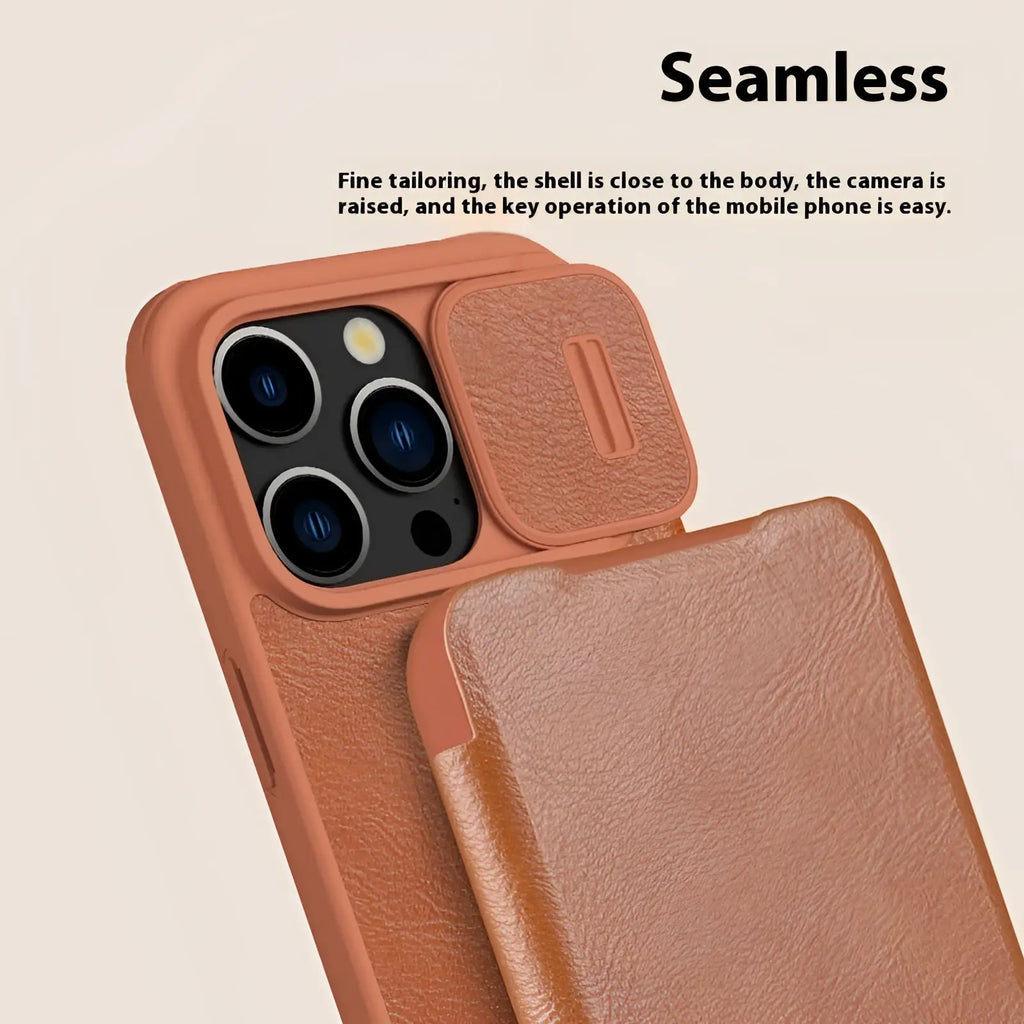Back side of a tan leather phone case with sliding camera flap and seamless design for iPhone 15