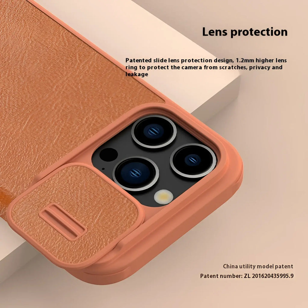 Tan leather phone case for iphone 15 with textured finish and sliding camera lens protection cover shown from back side