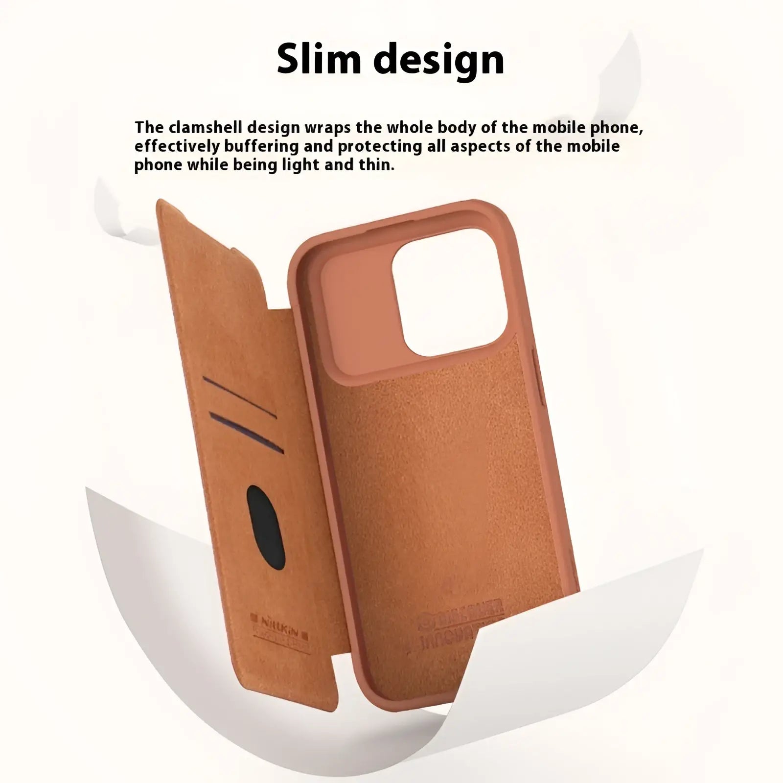 Tan leather wallet-style phone case with slim clamshell design and card slots, back side view, compatible with iphone 15