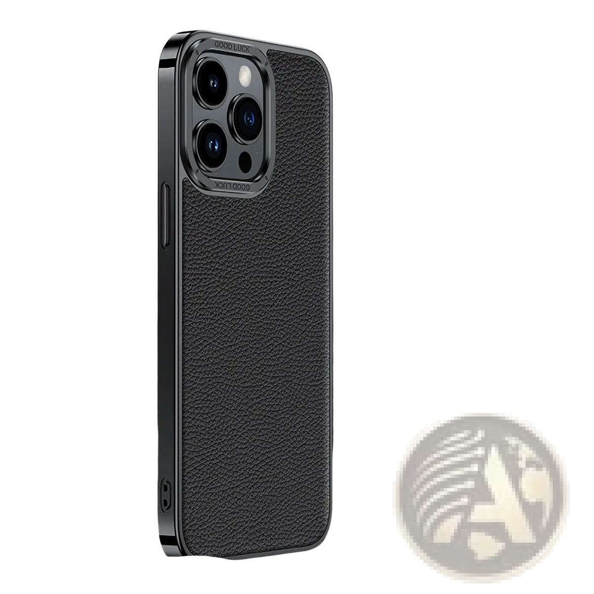 Black leather phone case with electroplated soft edge and matte finish showing back side with camera cutouts