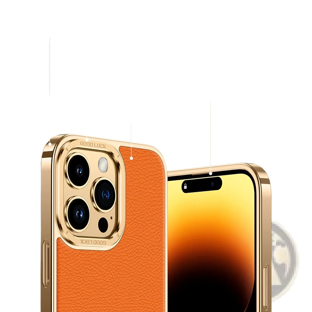 Back side of orange leather phone case with gold electroplated frame and camera cutout engraved with good luck for iphone