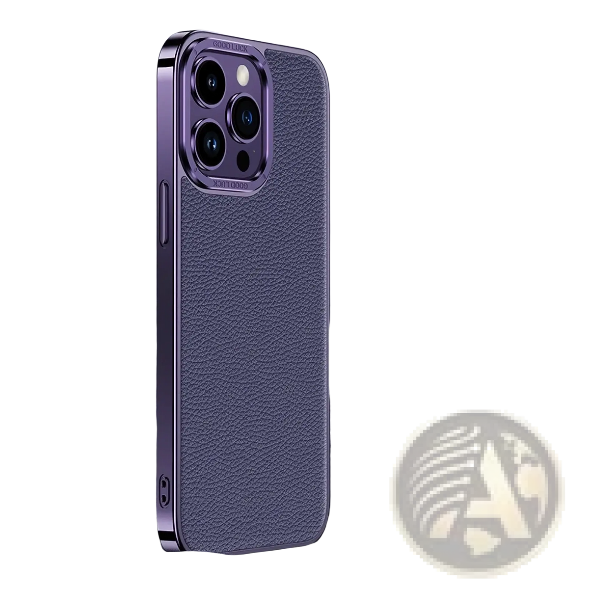 Purple textured leather phone case with metallic frame and soft edge designed for back of iphone 13 pro max