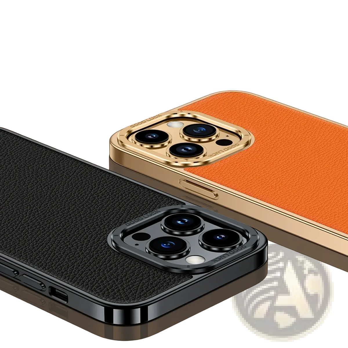 Back side of orange and black leather phone cases with gold and black electroplated camera lens covers for iPhone