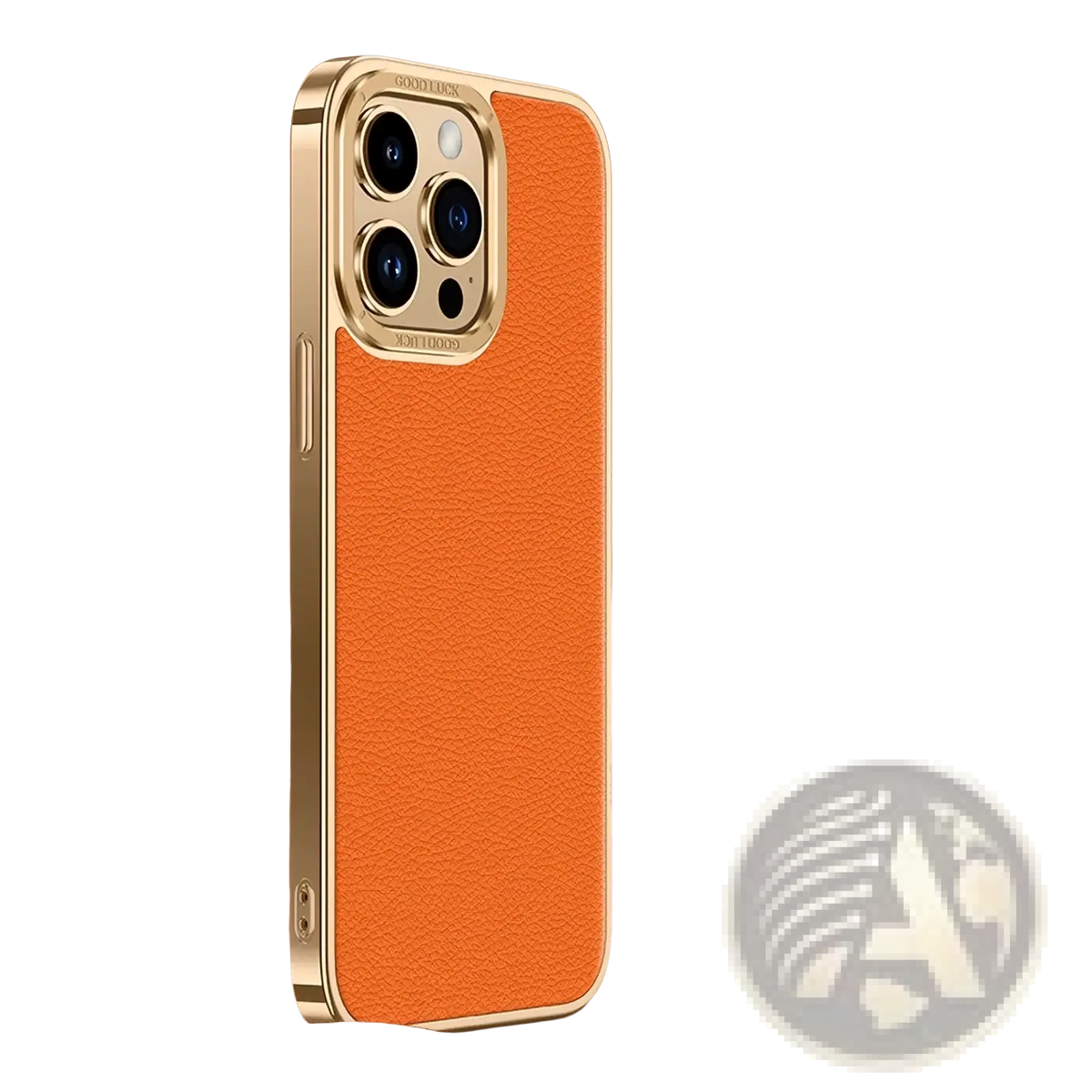 Back side of an orange textured leather phone case with gold metallic frame and camera cutout for iphone