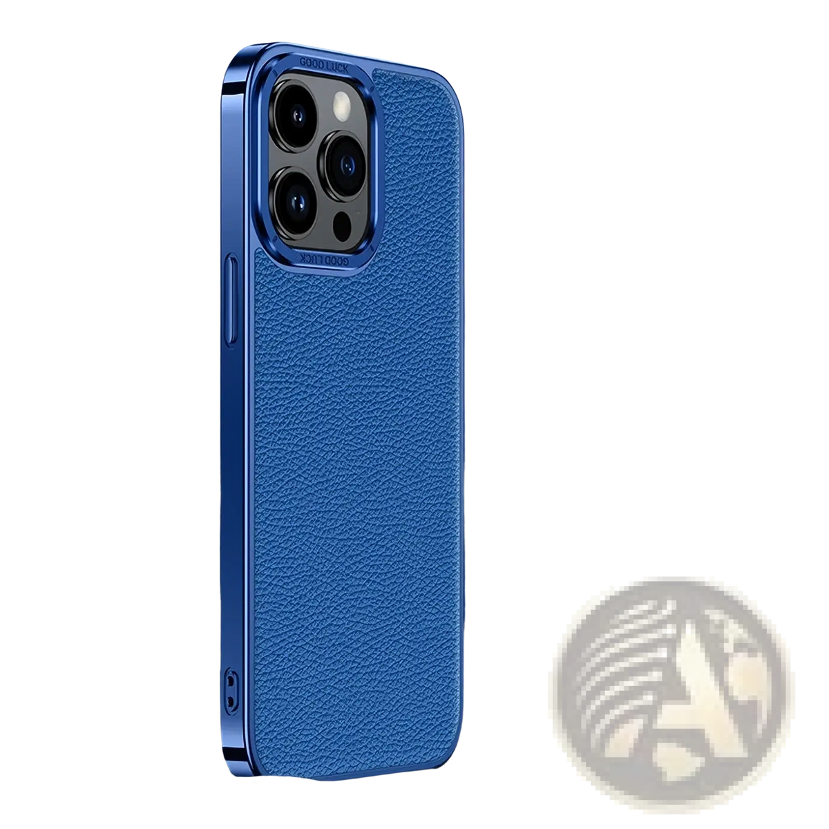Blue textured leather phone case with metallic electroplated frame and soft edges for iPhone back side view