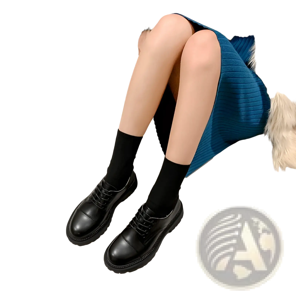 Black leather platform oxford shoes in british style with chunky sole rounded toe and lace-up design