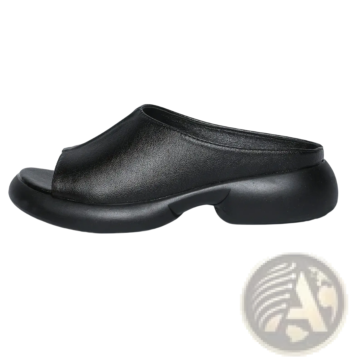 Black leather mule slip-on sandal with chunky sculpted sole for women summer platform slide shoes