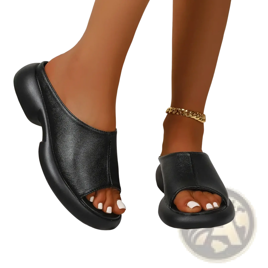 Black leather mule sandals with thick chunky sole and open toe design leather platform slide sandals women summer shoes