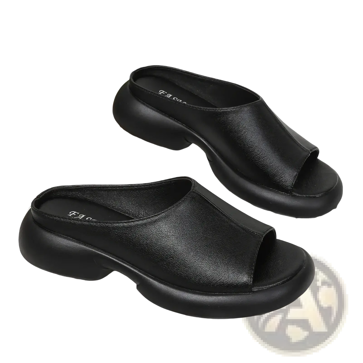 Black leather platform slide sandals for women with thick cushioned sole and open-toe design for summer use