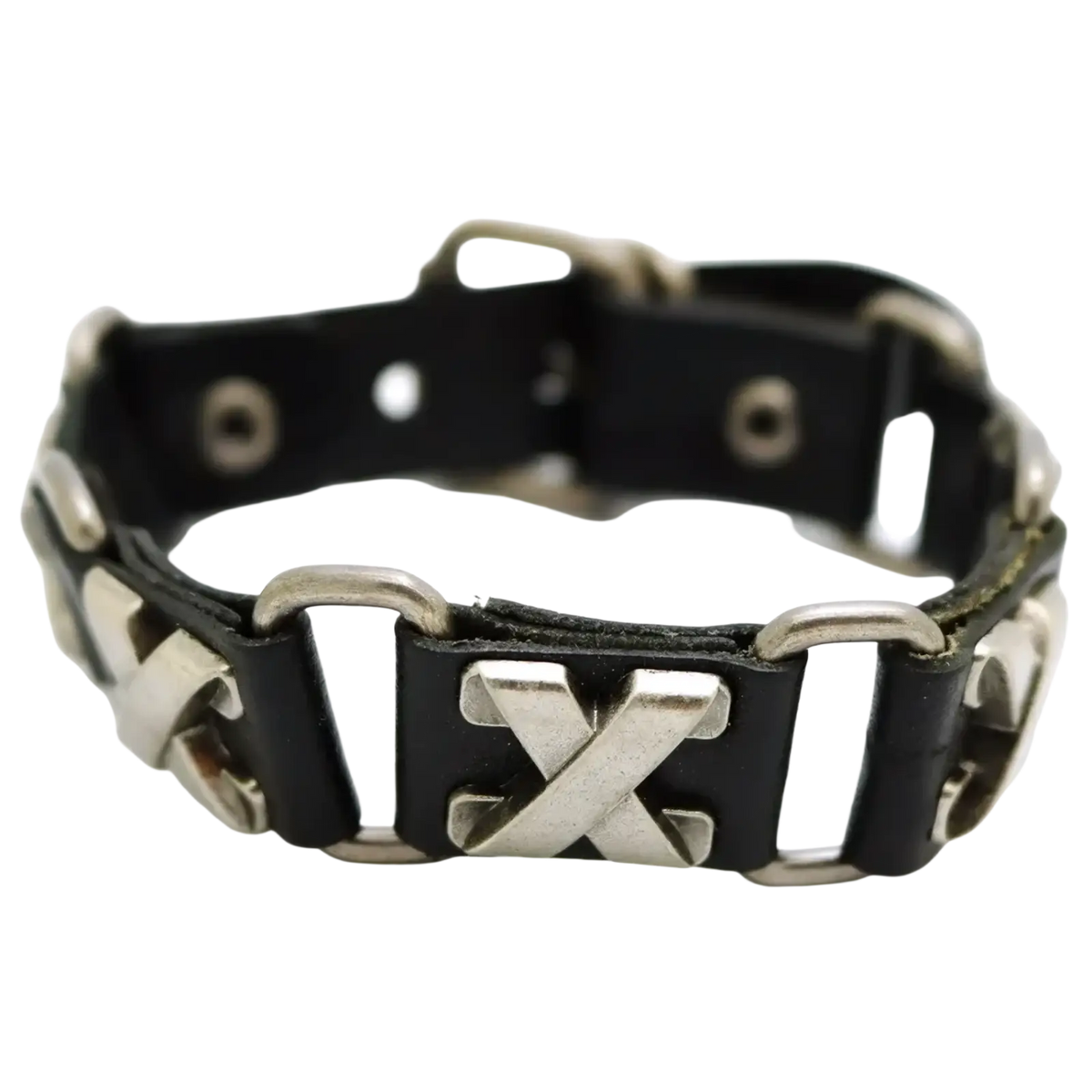 Black leather punk bracelet with silver metal chain links and prominent x-shaped clasp for edgy style