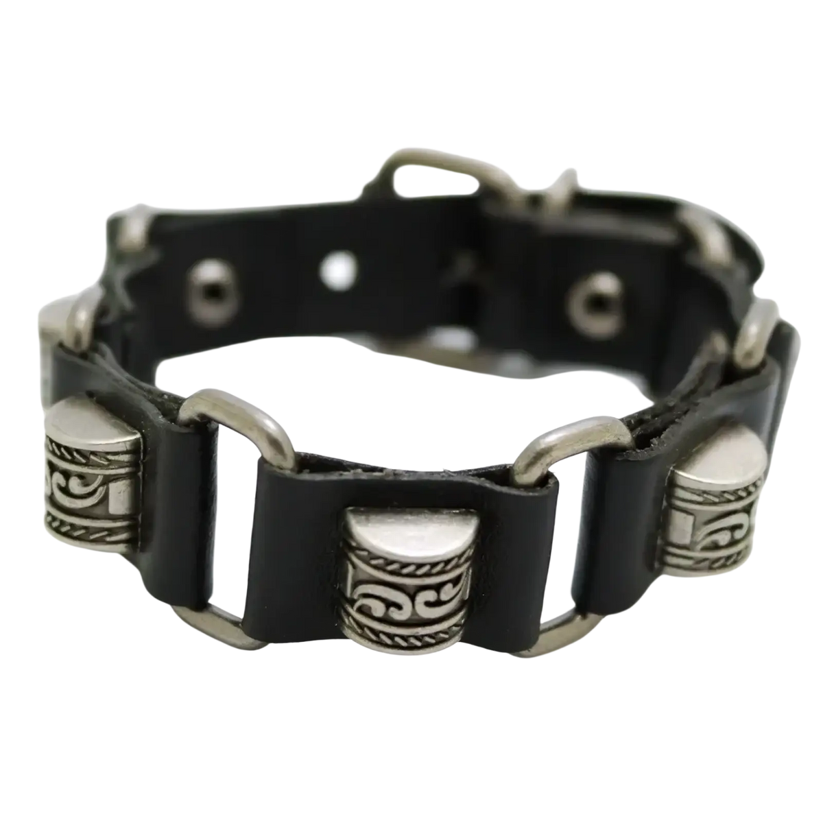 Black leather punk bracelet with silver-toned metal studs and intricate swirling patterns on metal accents