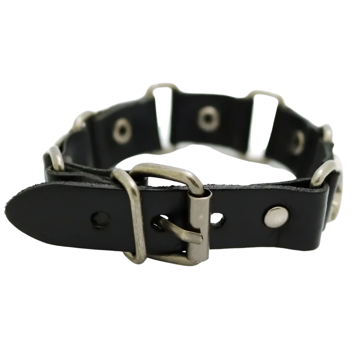 Black leather punk bracelet with silver-toned metal buckle and studs for edgy fashion statement