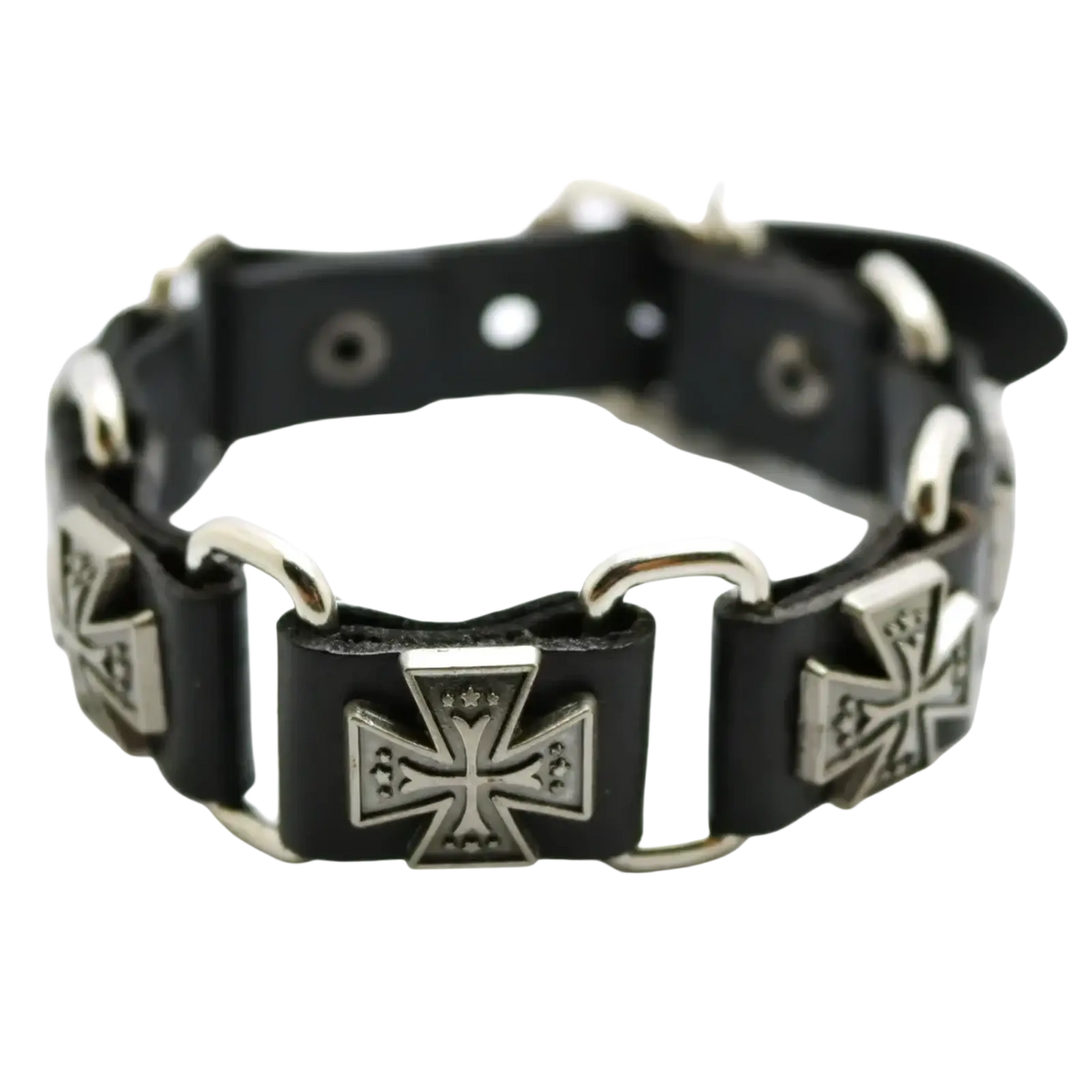 Black leather punk bracelet with silver-toned iron cross charms and metal links featuring metal studs