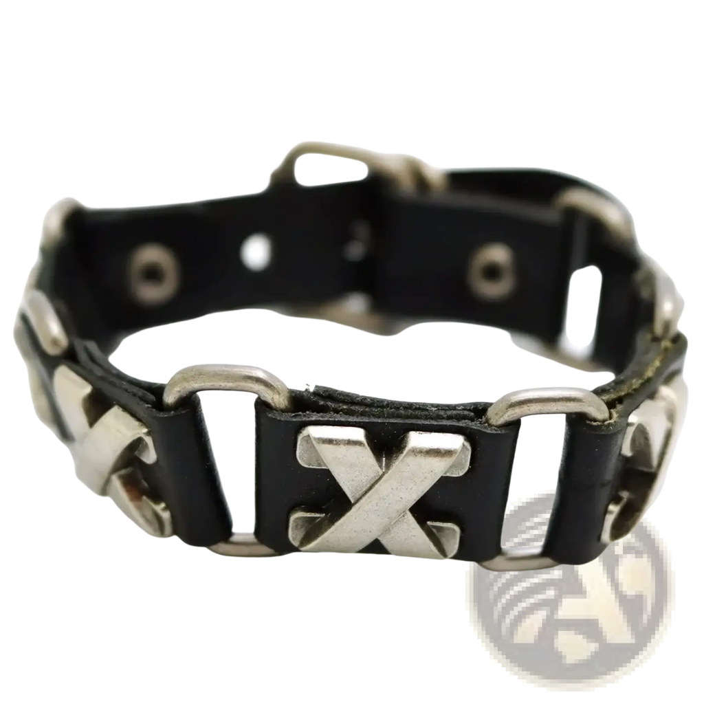 Black leather punk bracelet with silver metal chain links and prominent x-shaped clasp for edgy style