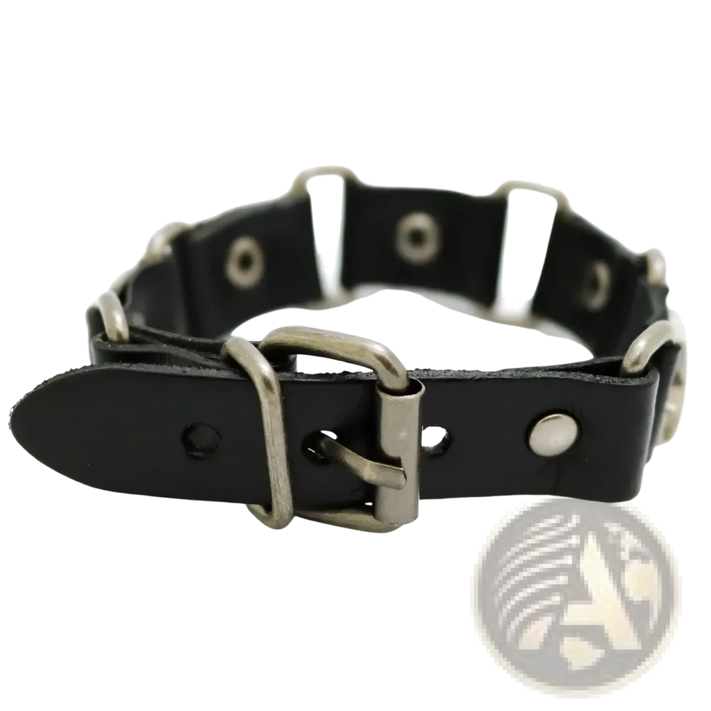Black leather punk bracelet with silver-toned metal buckle and studs for edgy fashion statement